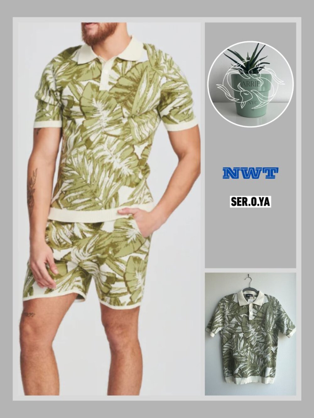 SER.O.YA - Men's Dennis Polo Shirt - Green and Beige (M - runs small, size up)